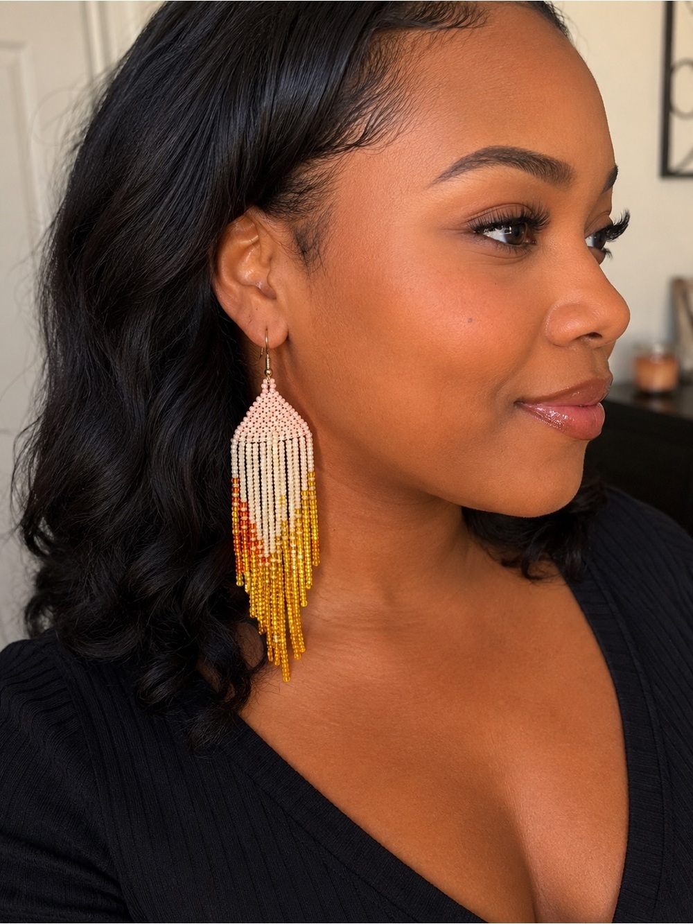 Cream and Gold Beaded Fringe Earring set – Elegant Statement Drops